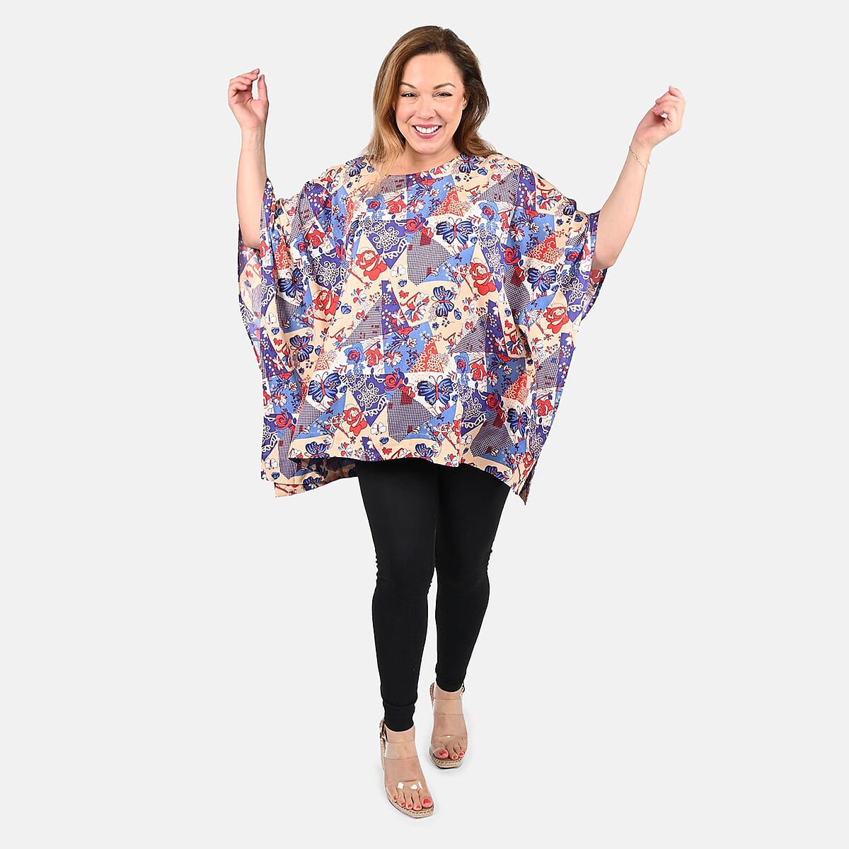 Tamsy Blue Butterfly Woven Kaftan Top- One Size Missy image number 0