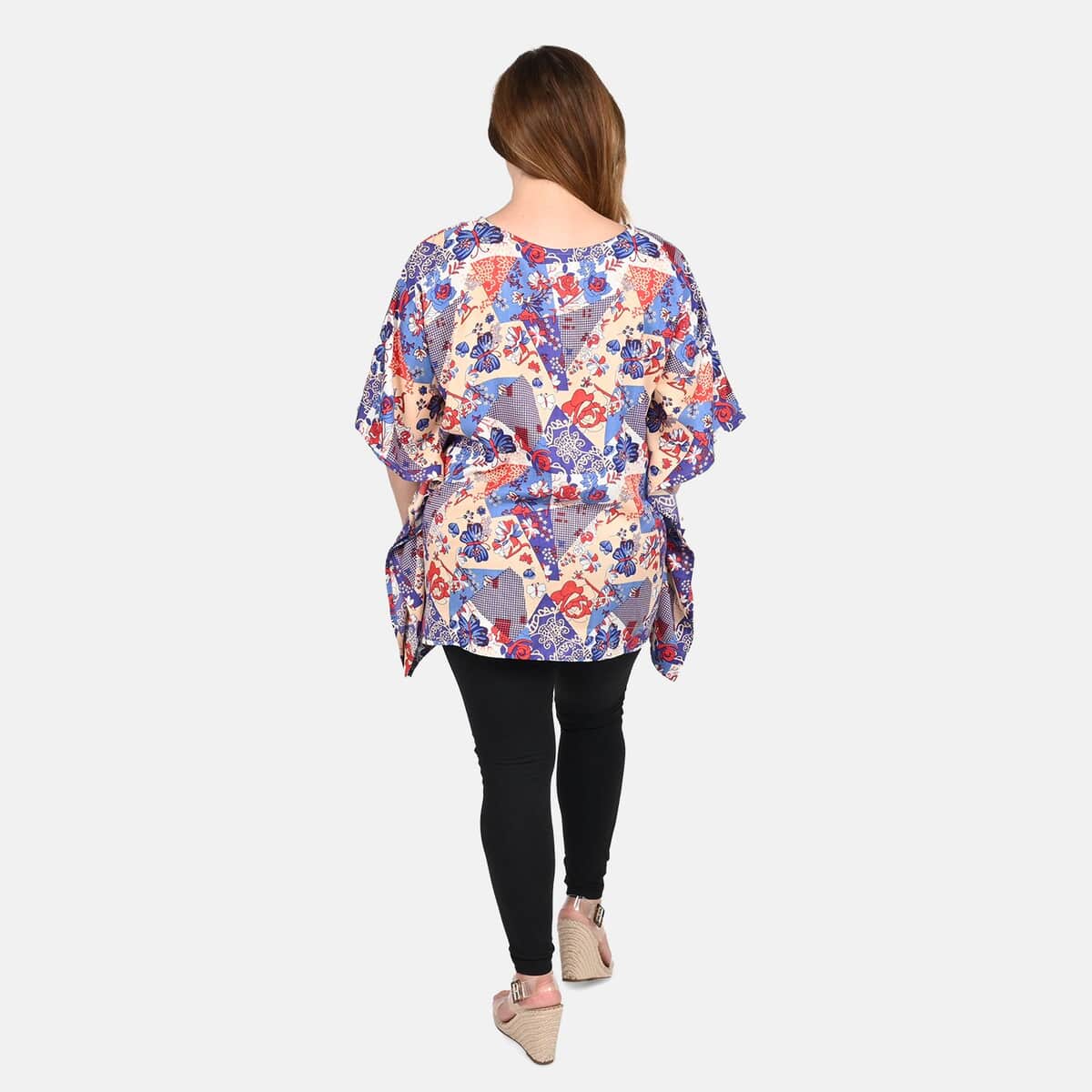 Tamsy Blue Butterfly Woven Kaftan Top- One Size Missy image number 1