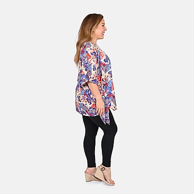 Tamsy Blue Butterfly Woven Kaftan Top- One Size Missy