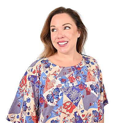 Tamsy Blue Butterfly Woven Kaftan Top- One Size Missy