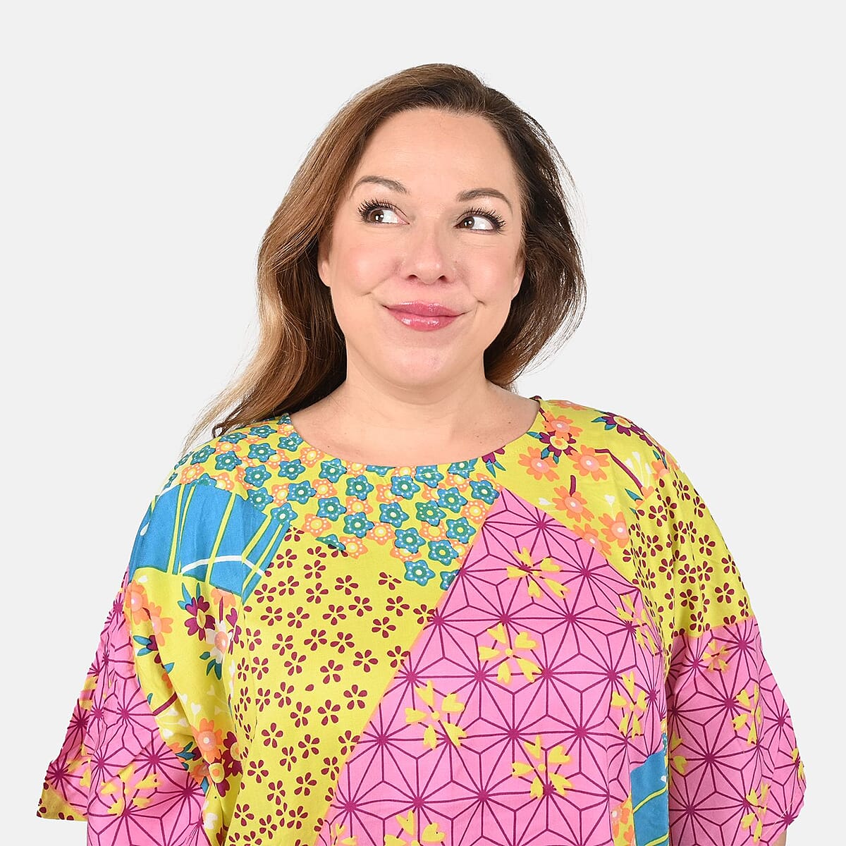 Tamsy Pink Geometric Woven Kaftan Top- One Size Missy image number 3