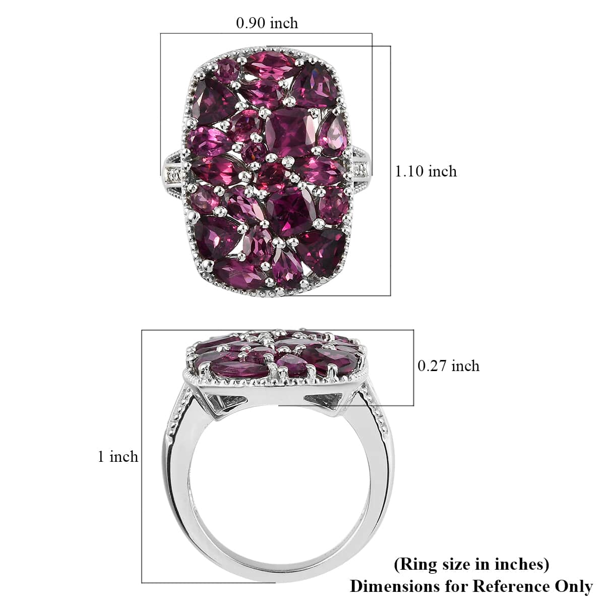 Orissa Rhodolite Garnet and Natural White Zircon Cluster Ring in Platinum Over Sterling Silver (Size 5.0) 7 Grams 7.75 ctw image number 5