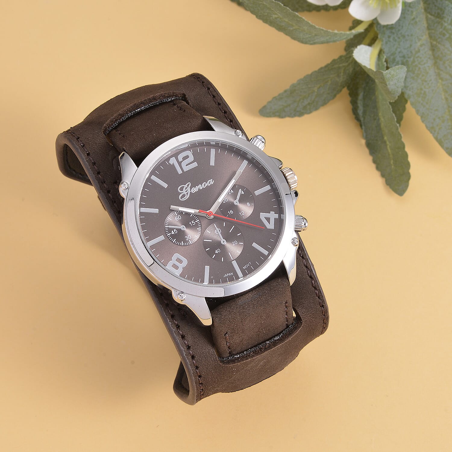 Genoa Miyota Japanese Movement Watch with Coffee Genuine Leather Strap