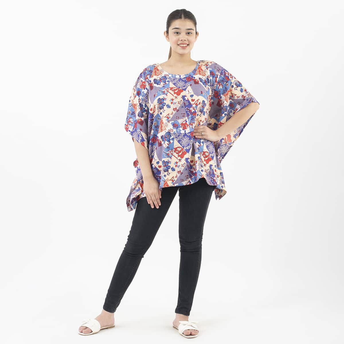 Tamsy Blue Butterfly Woven Kaftan Top- One Size Plus image number 0