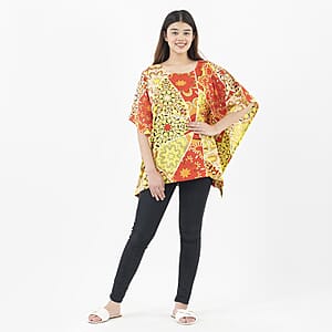 Tamsy Orange Mandala Woven Kaftan Top- One Size Plus