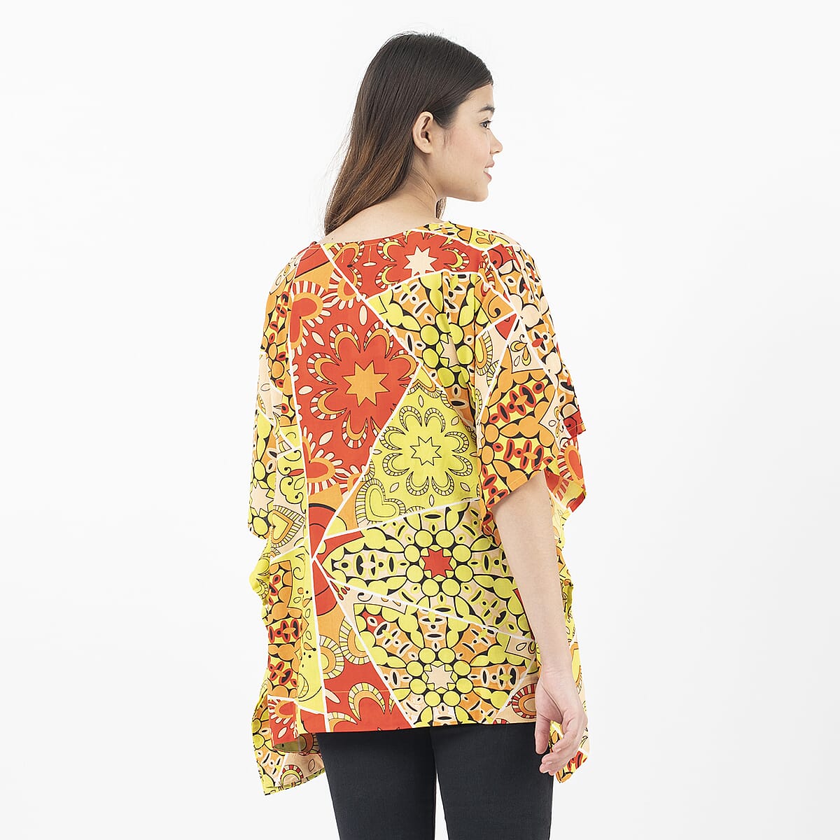 Tamsy Orange Mandala Woven Kaftan Top- One Size Plus image number 1