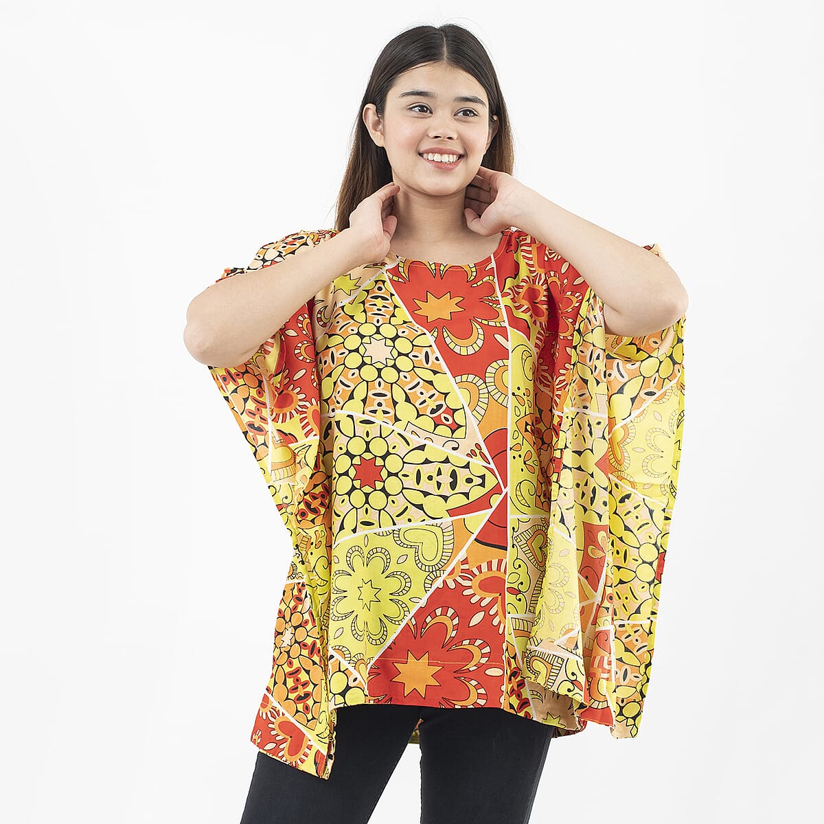 Tamsy Orange Mandala Woven Kaftan Top- One Size Plus image number 2