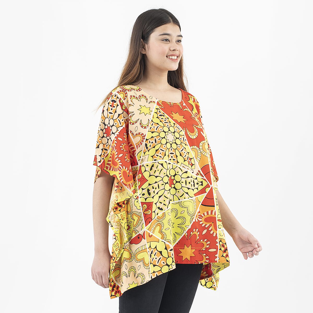 Tamsy Orange Mandala Woven Kaftan Top- One Size Plus image number 3