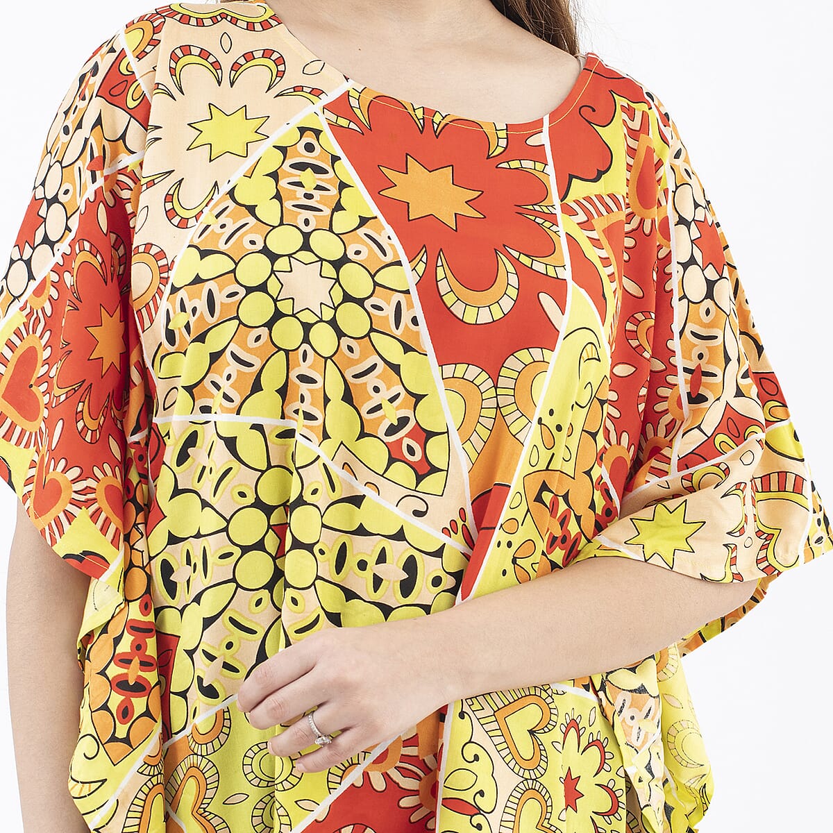 Tamsy Orange Mandala Woven Kaftan Top- One Size Plus image number 4
