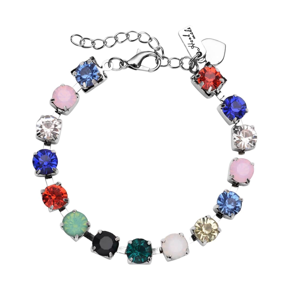 Multi Color Austrian Crystal Bracelet with Heart Charm in Goldtone (7.50-9.50In) image number 0