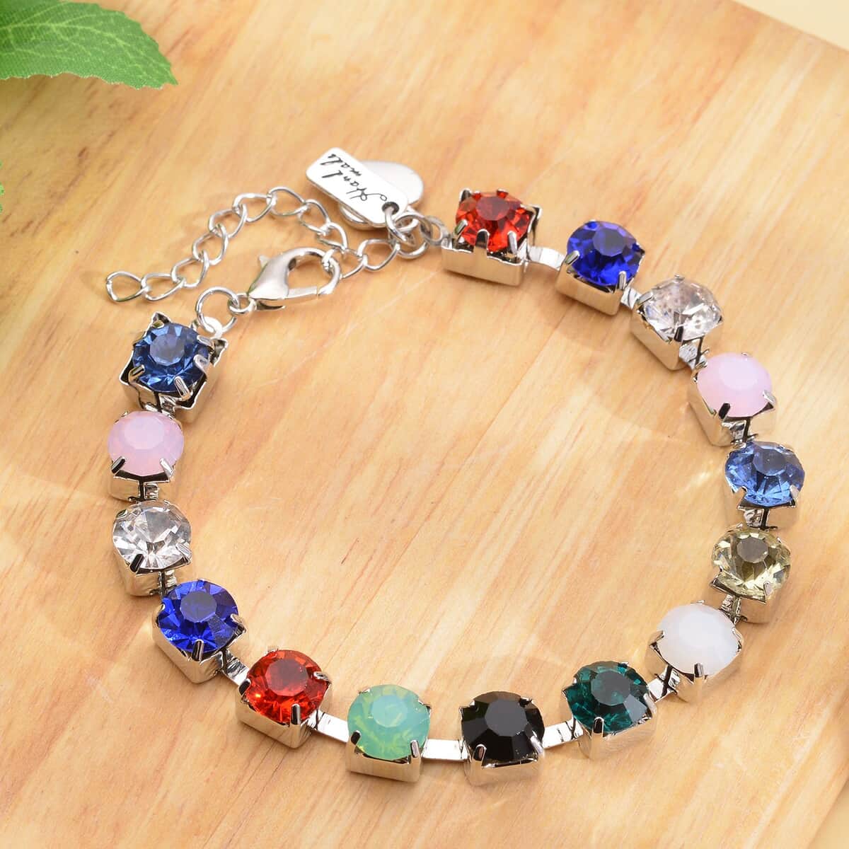 Multi Color Austrian Crystal Bracelet with Heart Charm in Goldtone (7.50-9.50In) image number 1