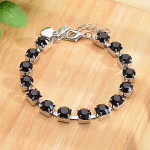 Black Austrian Crystal Bracelet with Heart Charm in Silvertone (7.50-9.50In)
