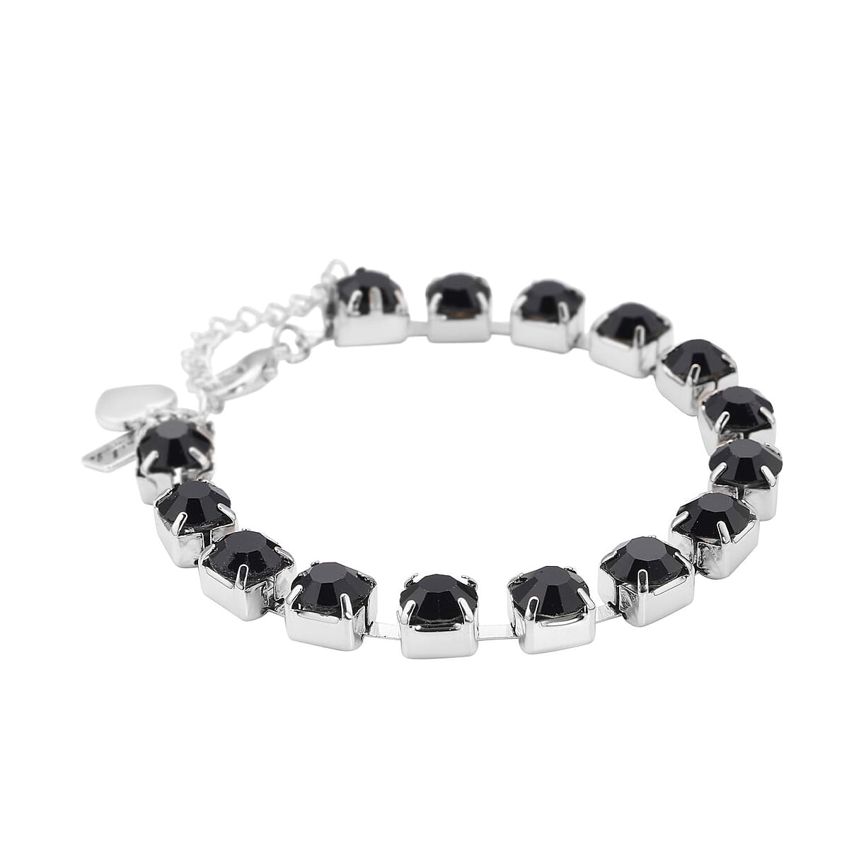 Black Austrian Crystal Bracelet with Heart Charm in Silvertone (7.50-9.50In) image number 2