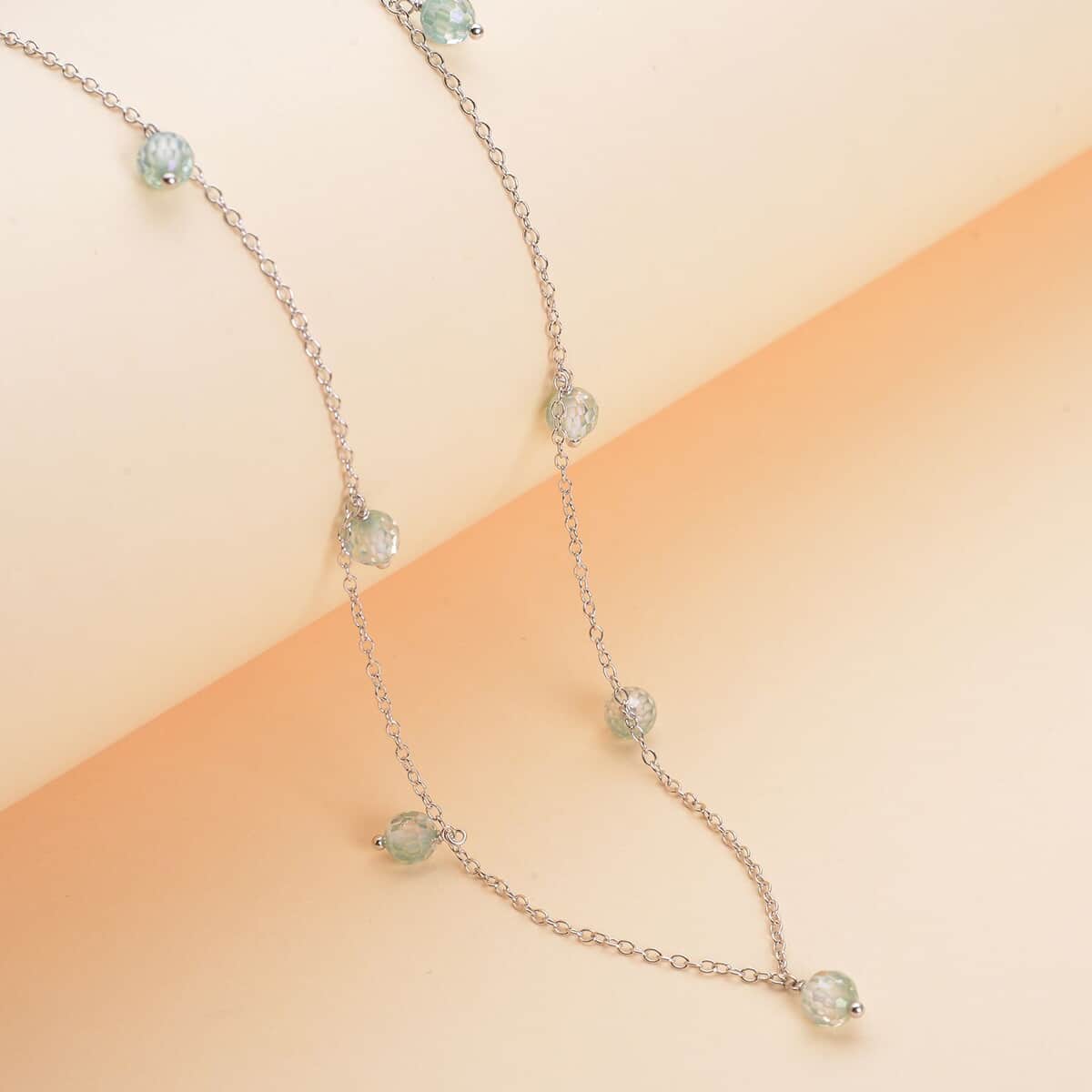 Green Moissanite Beaded Station Necklace 20-22 Inches in Rhodium Over Sterling Silver 7.35 ctw image number 1