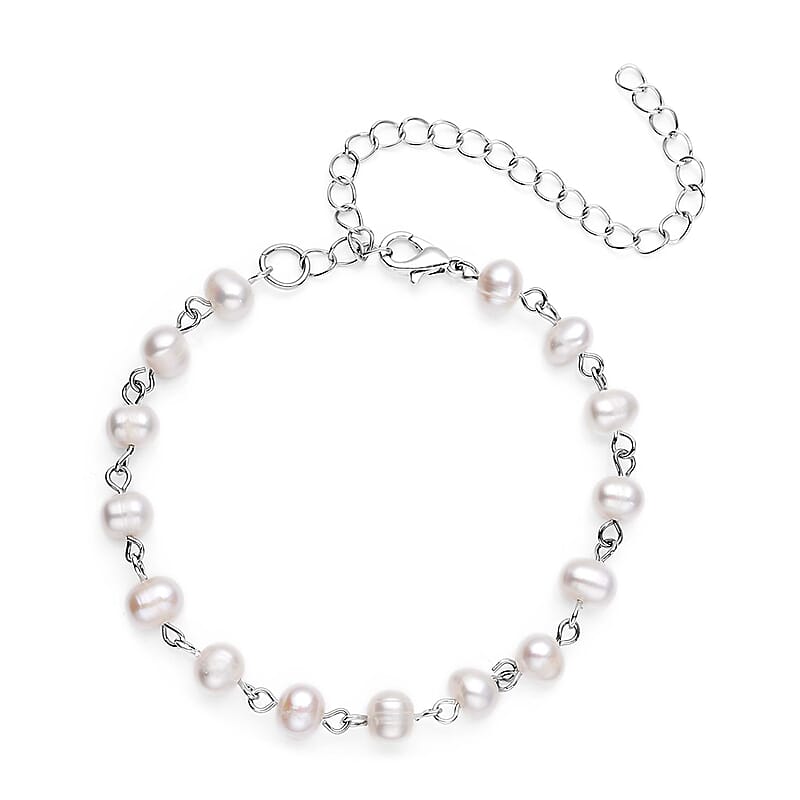 White Freshwater Cultured Pearl Anklet (8-10 In) in Silvertone