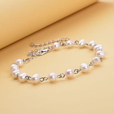 White Freshwater Cultured Pearl Anklet (8-10 In) in Silvertone