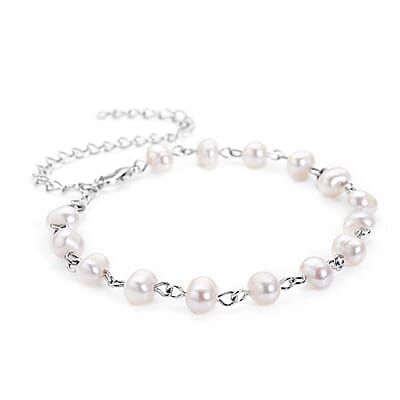 White Freshwater Cultured Pearl Anklet (8-10 In) in Silvertone