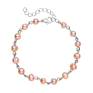 Peach Freshwater Cultured Pearl Anklet (8-10 In) in Silvertone