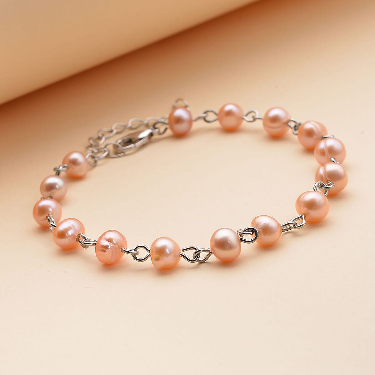 Peach Freshwater Cultured Pearl Anklet (8-10 In) in Silvertone image number 1
