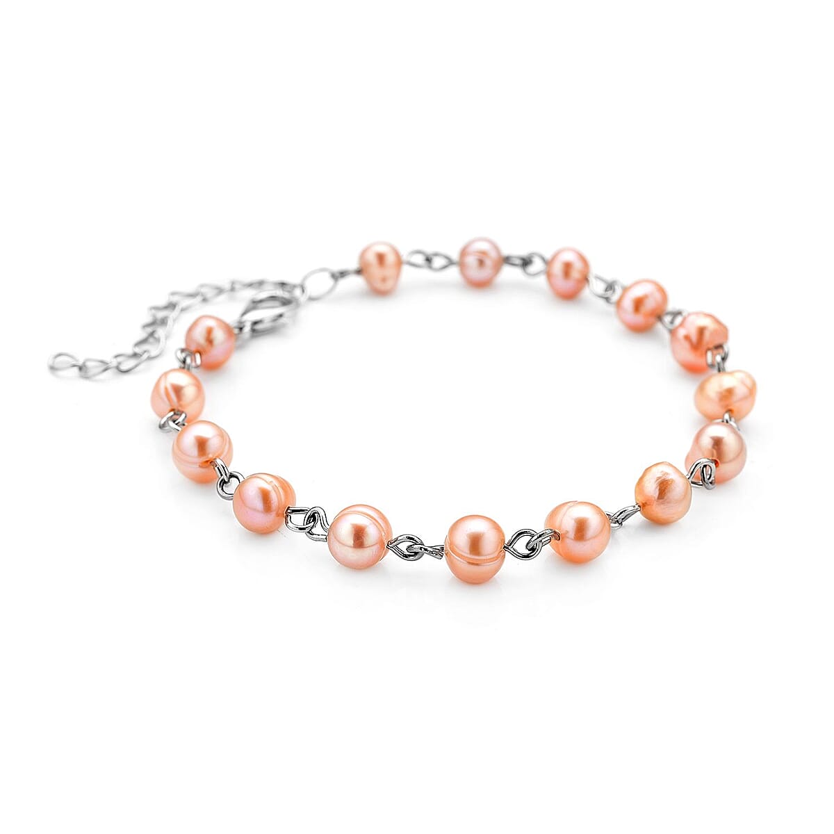 Peach Freshwater Cultured Pearl Anklet (8-10 In) in Silvertone image number 2