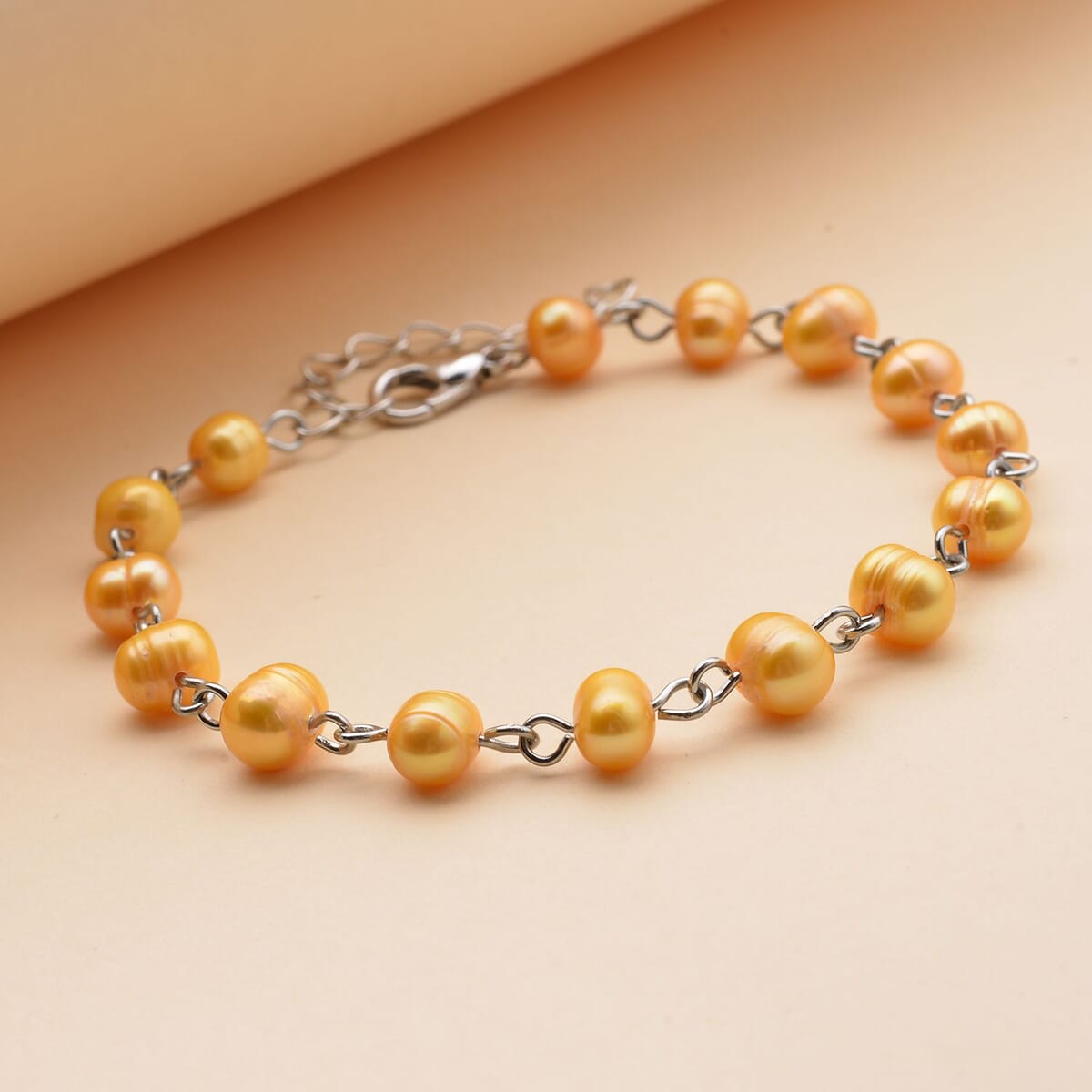 Golden Freshwater Cultured Pearl Anklet (8-10 In) in Silvertone image number 1