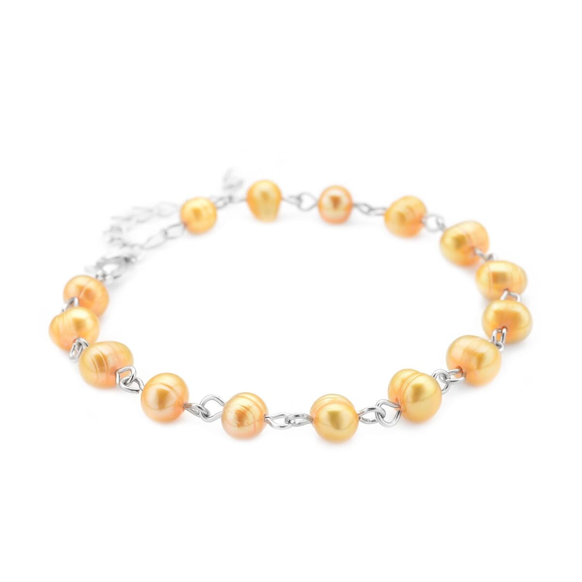 Golden Freshwater Cultured Pearl Anklet (8-10 In) in Silvertone image number 2