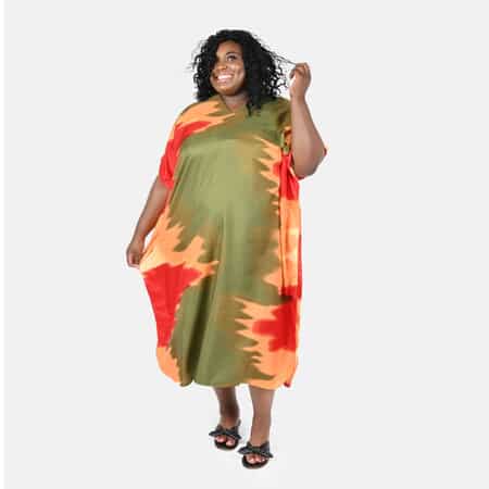 WINLAR Olive Abstract V-Neck Long Satin Kaftan - One Size Fits up to 3X image number 0