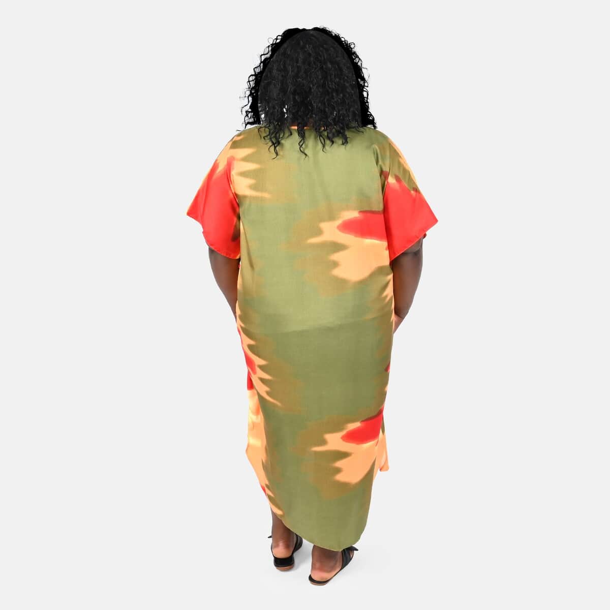 WINLAR Olive Abstract V-Neck Long Satin Kaftan - One Size Fits up to 3X image number 1