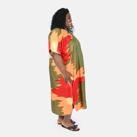 WINLAR Olive Abstract V-Neck Long Satin Kaftan - One Size Fits up to 3X image number 2