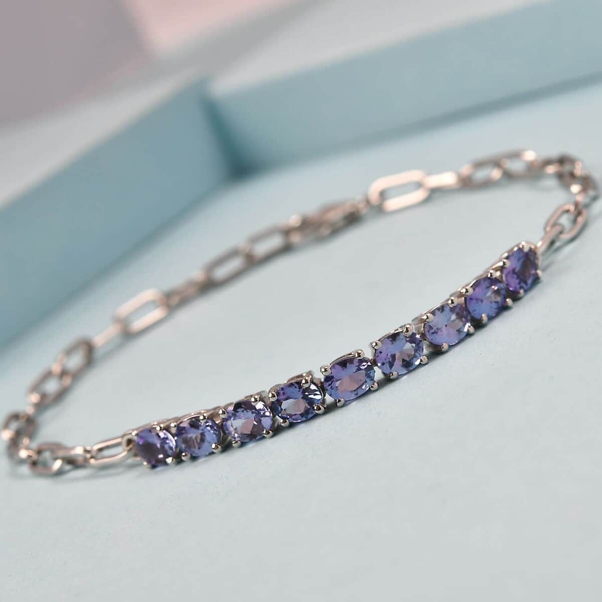 Tanzanite Paper Clip Chain Bracelet, Tanzanite Bracelet, Platinum Over Sterling Silver Bracelet, Birthday Gifts For Her (6.50 In) 2.90 ctw image number 1