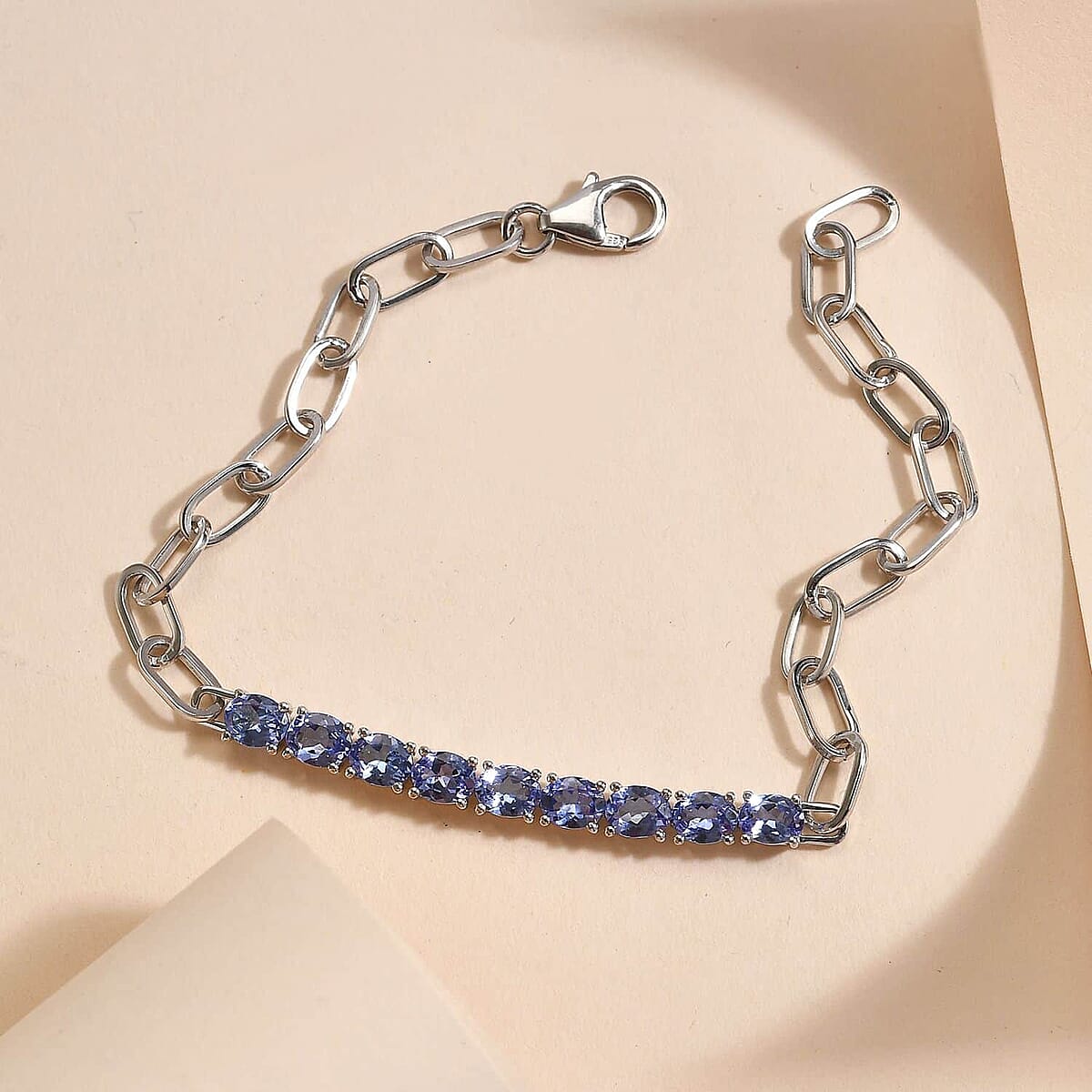 Tanzanite Paper Clip Chain Bracelet, Tanzanite Bracelet, Platinum Over Sterling Silver Bracelet, Birthday Gifts For Her (7.25 In) 2.40 ctw image number 1