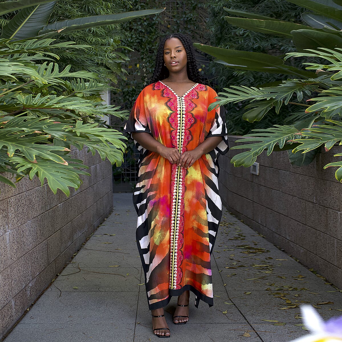 Winlar Orange Safari V-Neck Long Satin Kaftan - One Size Fits up to 3X image number 1