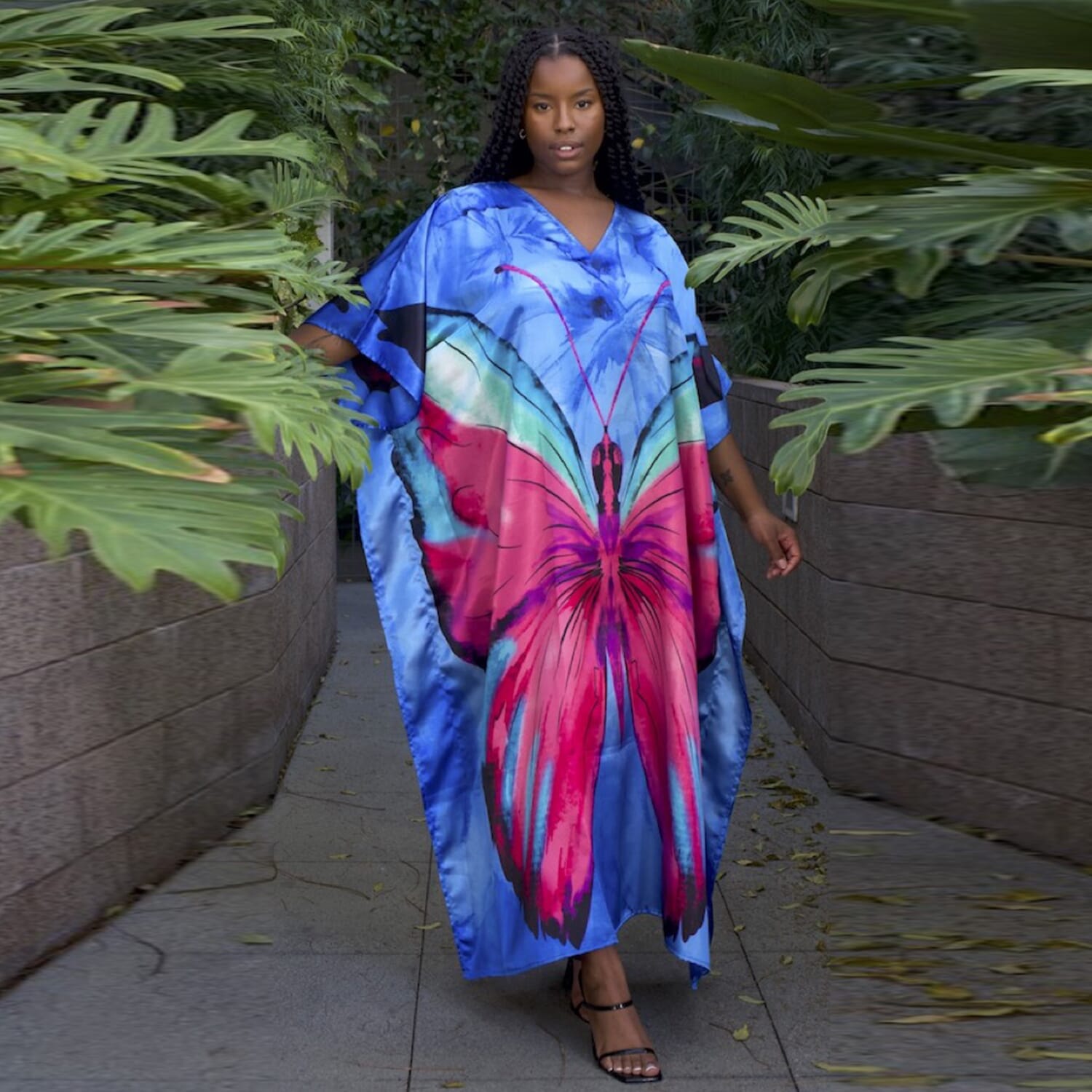 Buy Winlar Blue Big Butterfly V Neck Long Satin Kaftan One Size Fits up to 3X at ShopLC