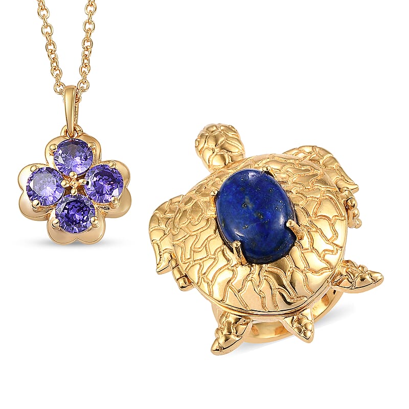 Karis Lapis Lazuli, Simulated Blue Diamond Turtle Ring Size 11 and Pendant Necklace 20In in 18K YG Plated & Stainless Steel 10.00 ctw
