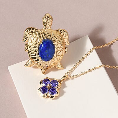 Karis Lapis Lazuli, Simulated Blue Diamond Turtle Ring Size 11 and Pendant Necklace 20In in 18K YG Plated & Stainless Steel 10.00 ctw