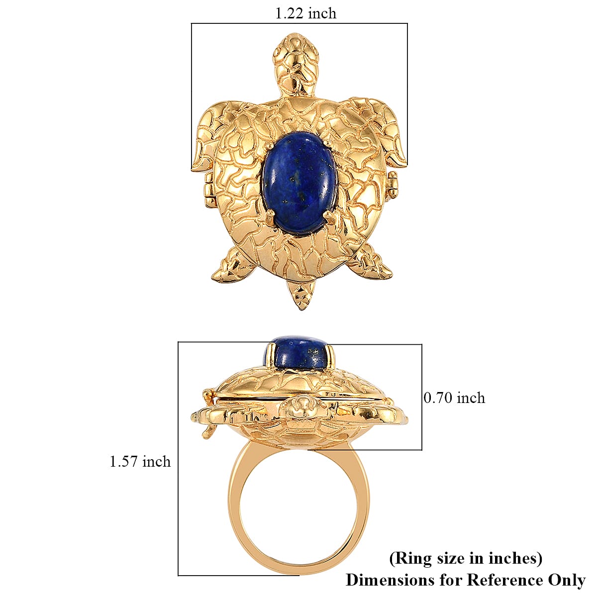 Karis Lapis Lazuli, Simulated Blue Diamond Turtle Ring Size 11 and Pendant Necklace 20In in 18K YG Plated & Stainless Steel 10.00 ctw image number 5