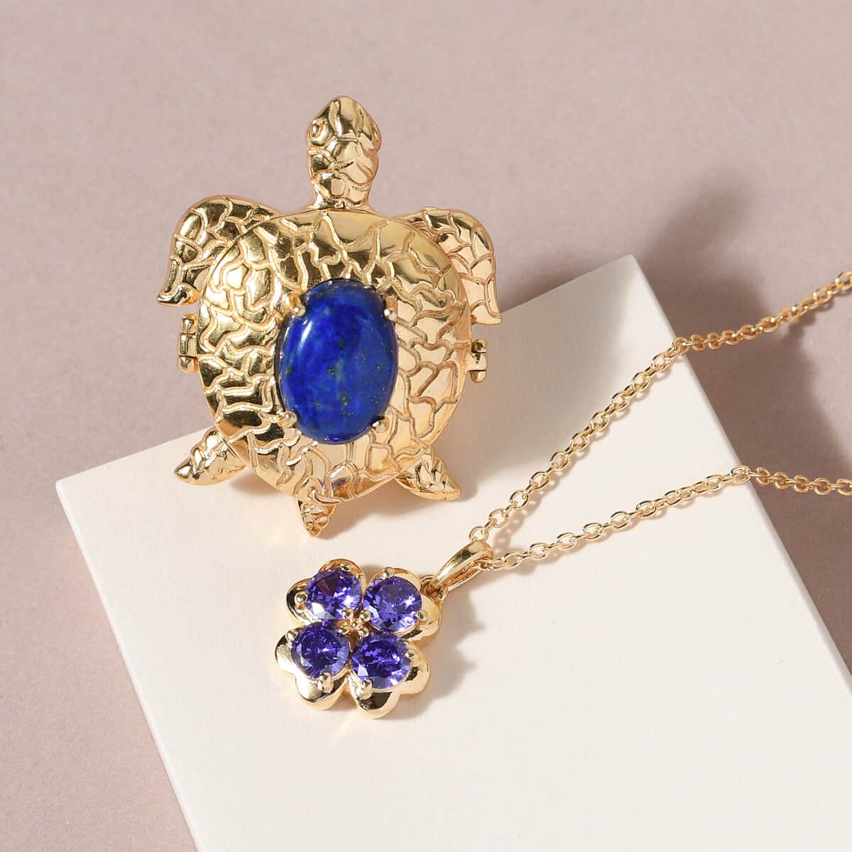 Karis Lapis Lazuli, Simulated Blue Diamond Turtle Ring Size 7 and Pendant in 18K YG Plated with Stainless Steel Necklace 20In 10.00 ctw image number 1
