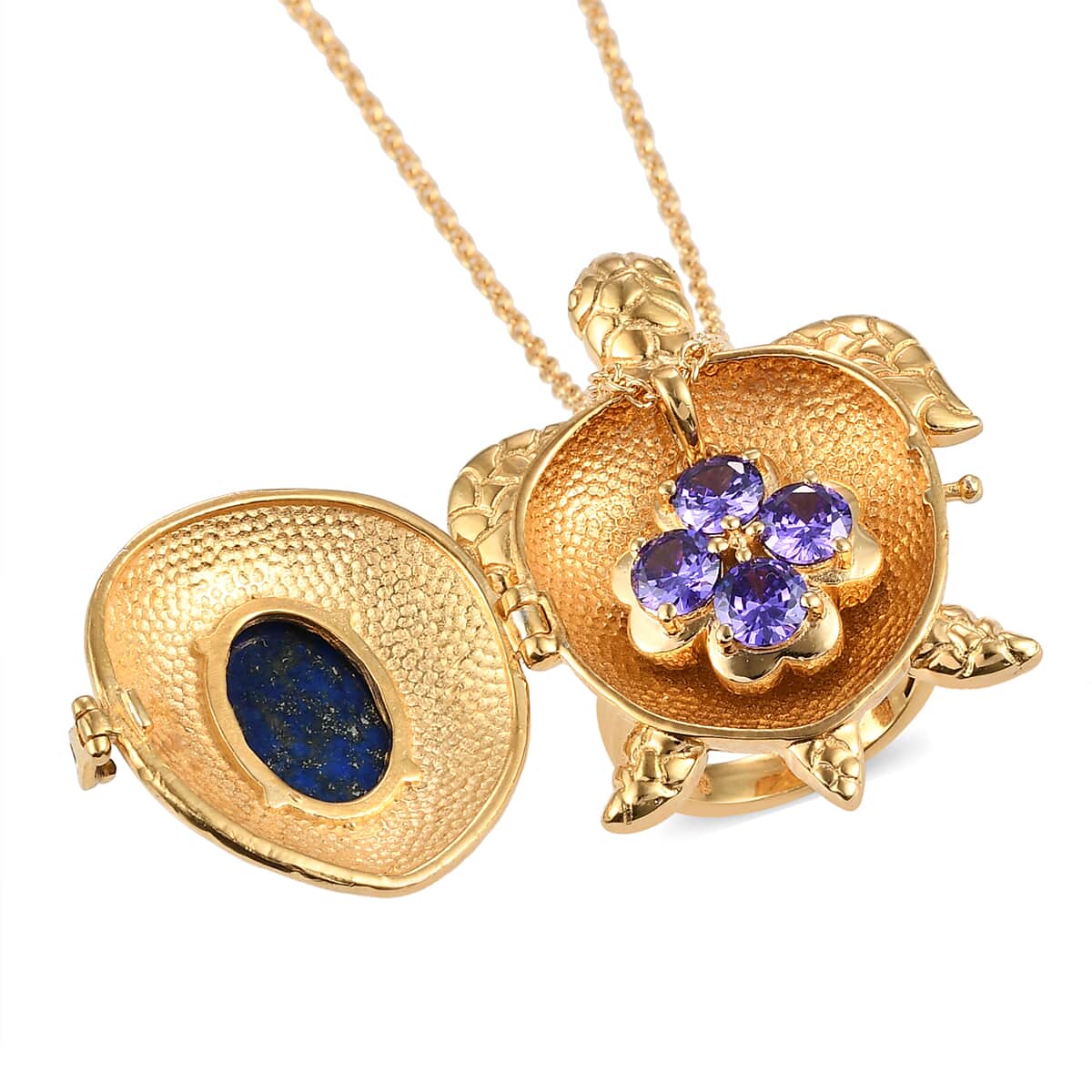 Karis Lapis Lazuli, Simulated Blue Diamond Turtle Ring Size 7 and Pendant in 18K YG Plated with Stainless Steel Necklace 20In 10.00 ctw image number 2