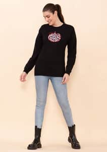 Tamsy Holiday Black Pumpkin Fleece Knit Sweatshirt For Women (100% Cotton) - L