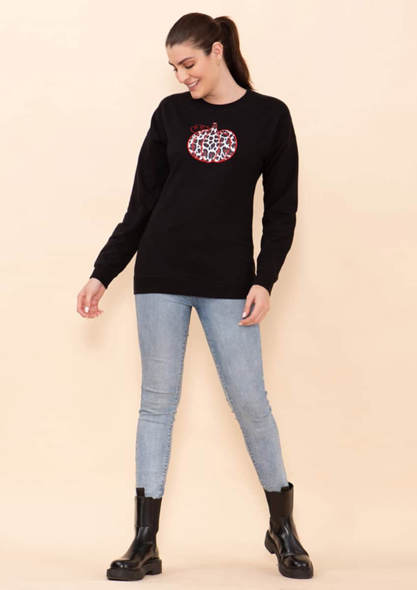 Tamsy Holiday Black Pumpkin Fleece Knit Sweatshirt For Women (100% Cotton) - L image number 0