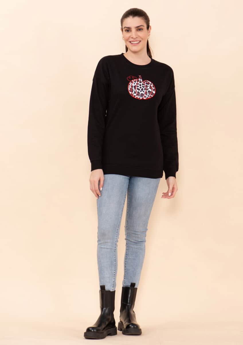 Tamsy Holiday Black Pumpkin Fleece Knit Sweatshirt For Women (100% Cotton) - L image number 2