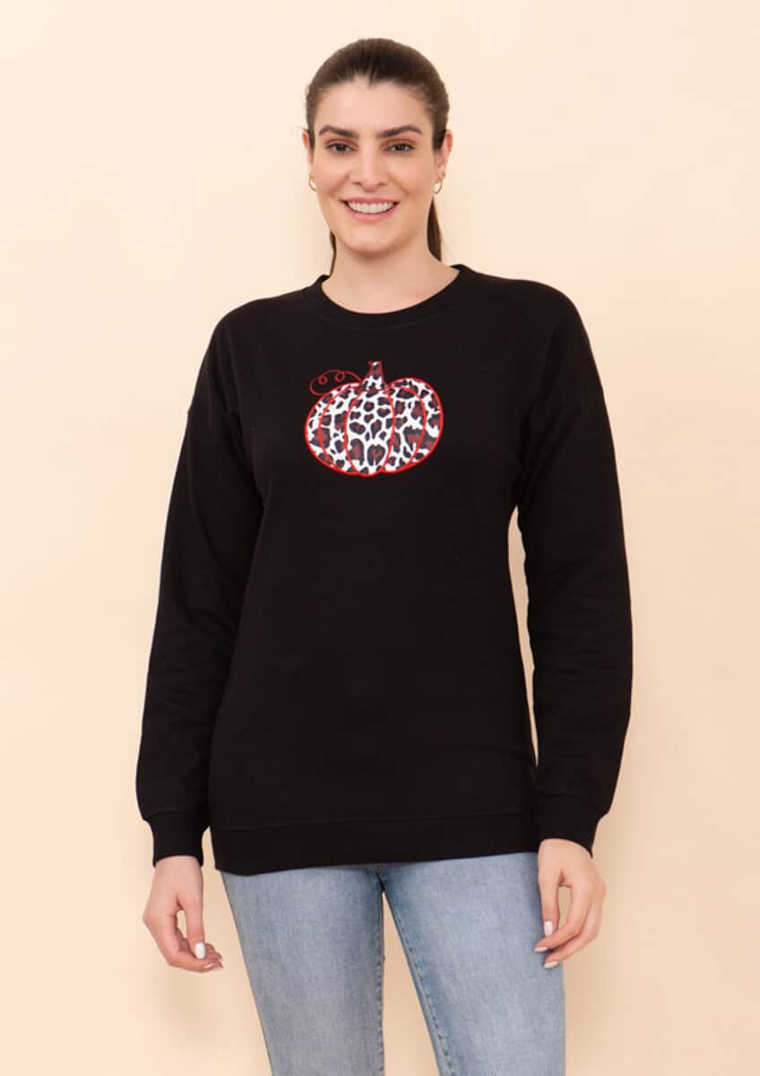 Tamsy Holiday Black Pumpkin Fleece Knit Sweatshirt For Women (100% Cotton) - L image number 3