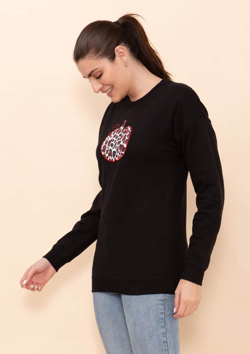 Tamsy Holiday Black Pumpkin Fleece Knit Sweatshirt For Women (100% Cotton) - L image number 4