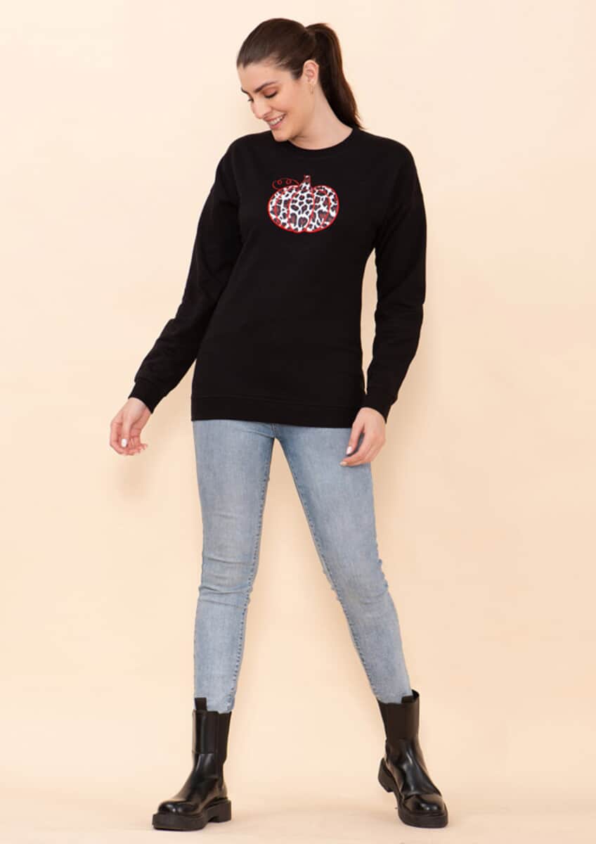 Tamsy Holiday Black Pumpkin Fleece Knit Sweatshirt For Women (100% Cotton) - M image number 0