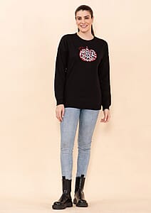 Tamsy Holiday Black Pumpkin Fleece Knit Sweatshirt For Women (100% Cotton) - M