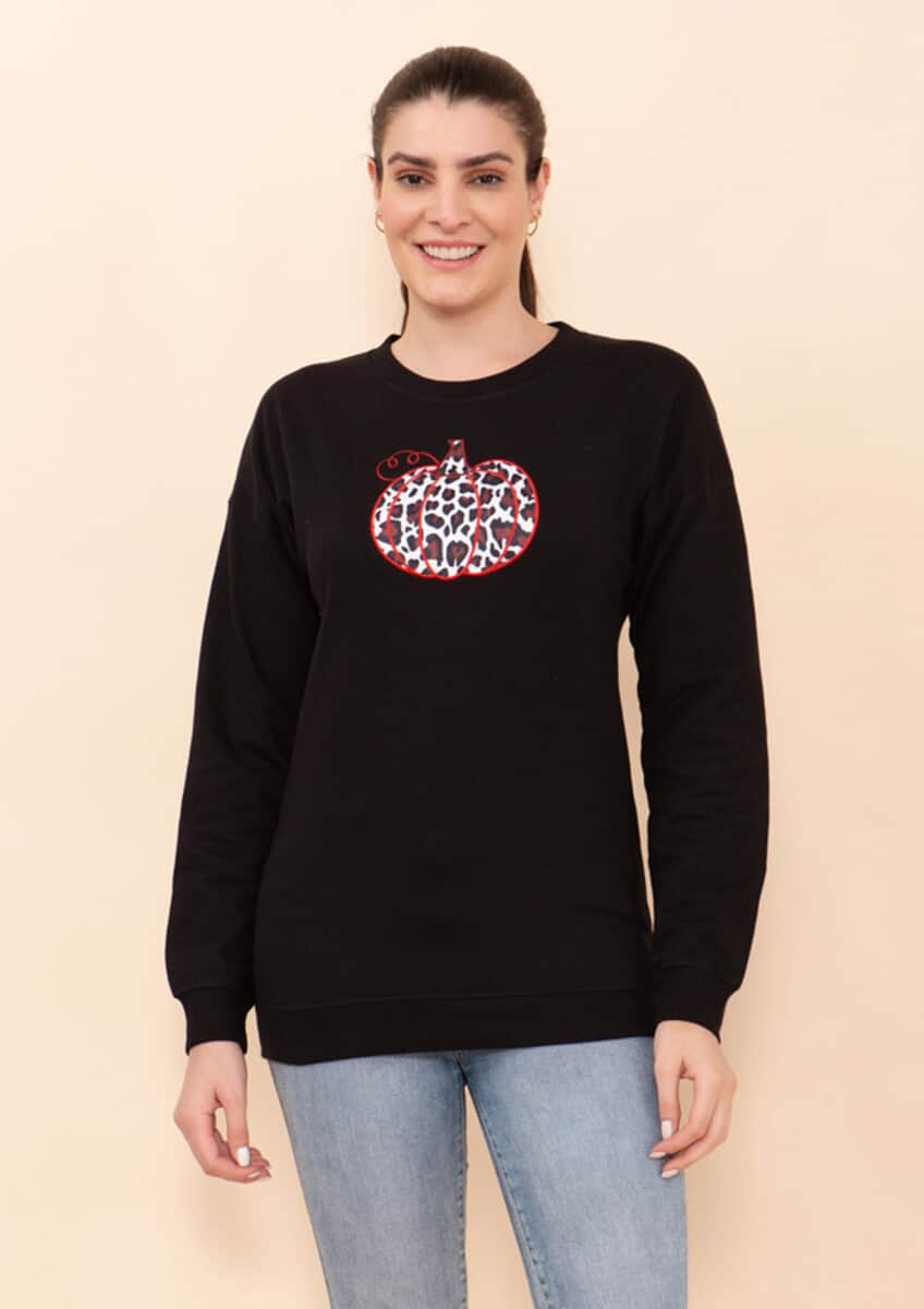 Tamsy Holiday Black Pumpkin Fleece Knit Sweatshirt For Women (100% Cotton) - M image number 3