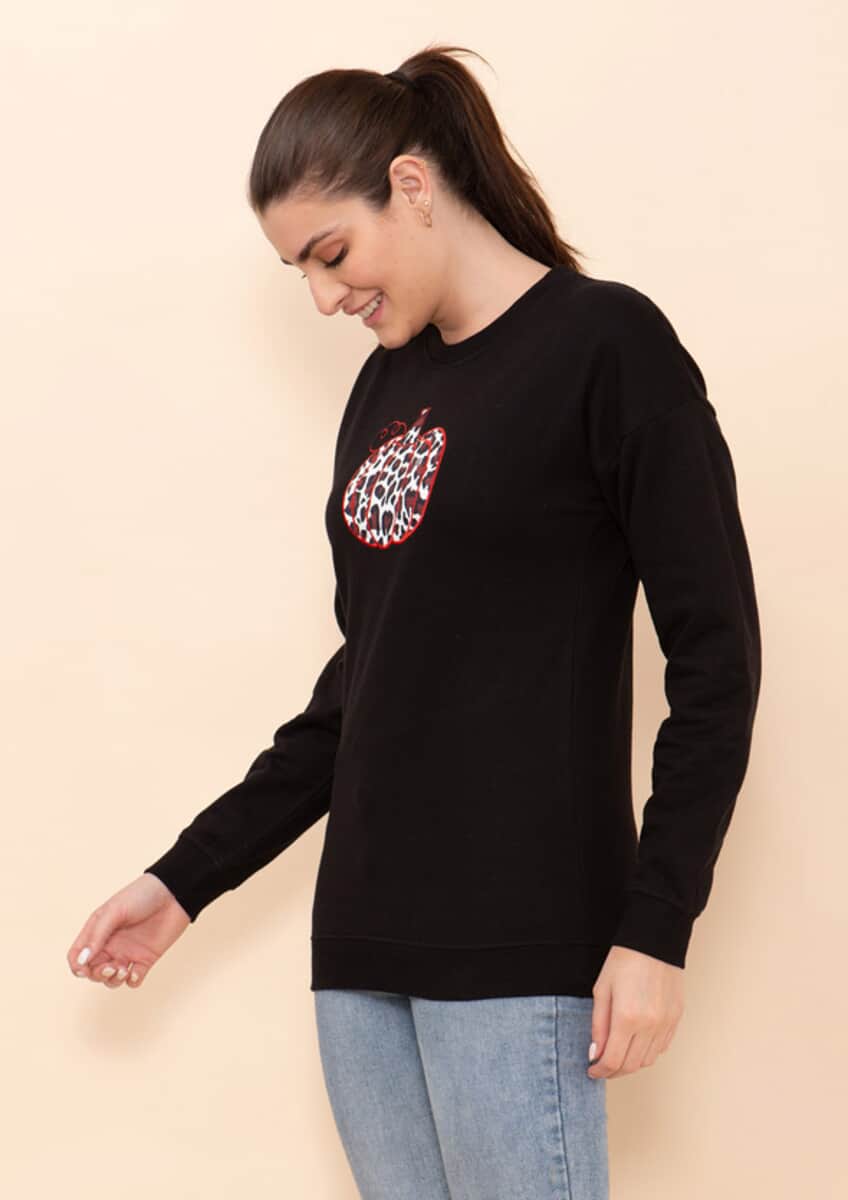 Tamsy Holiday Black Pumpkin Fleece Knit Sweatshirt For Women (100% Cotton) - M image number 4