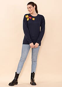 Tamsy Holiday Navy Maple Leaves Fleece Knit Sweatshirt For Women (100% Cotton) - L