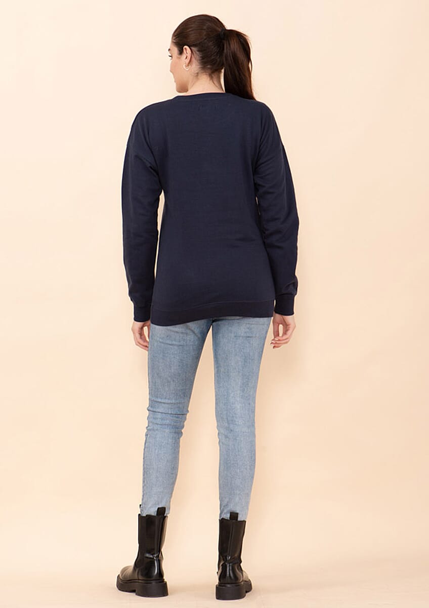 Tamsy Holiday Navy Maple Leaves Fleece Knit Sweatshirt For Women (100% Cotton) - L image number 1