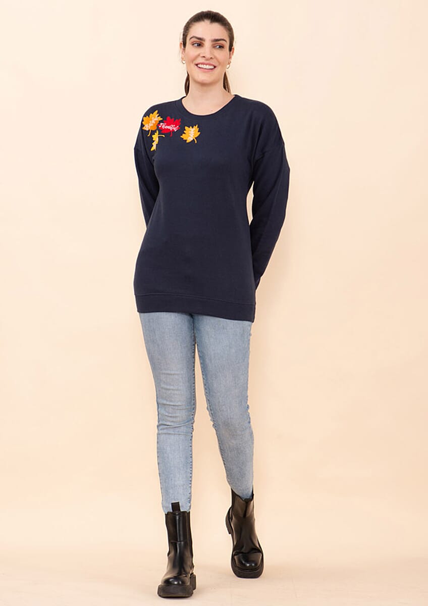 Tamsy Holiday Navy Maple Leaves Fleece Knit Sweatshirt For Women (100% Cotton) - L image number 2